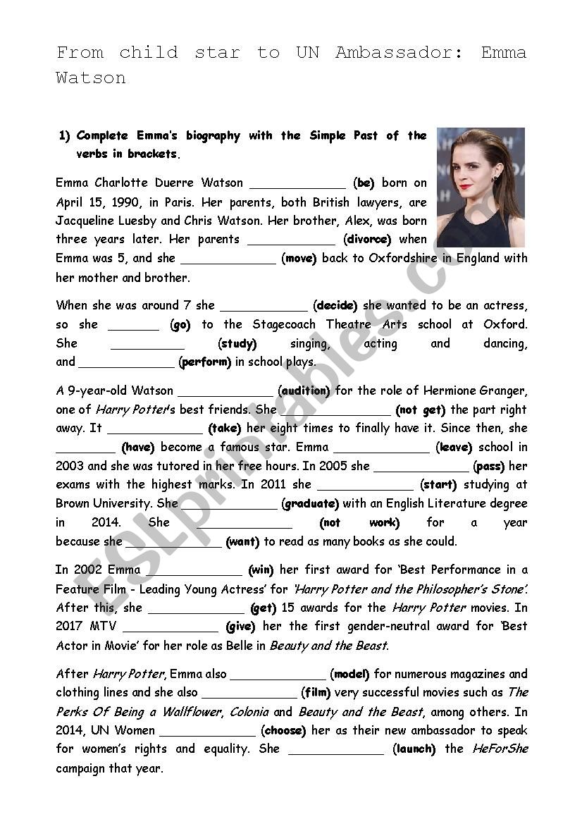 Emma WatsonÂ´s biography worksheet
