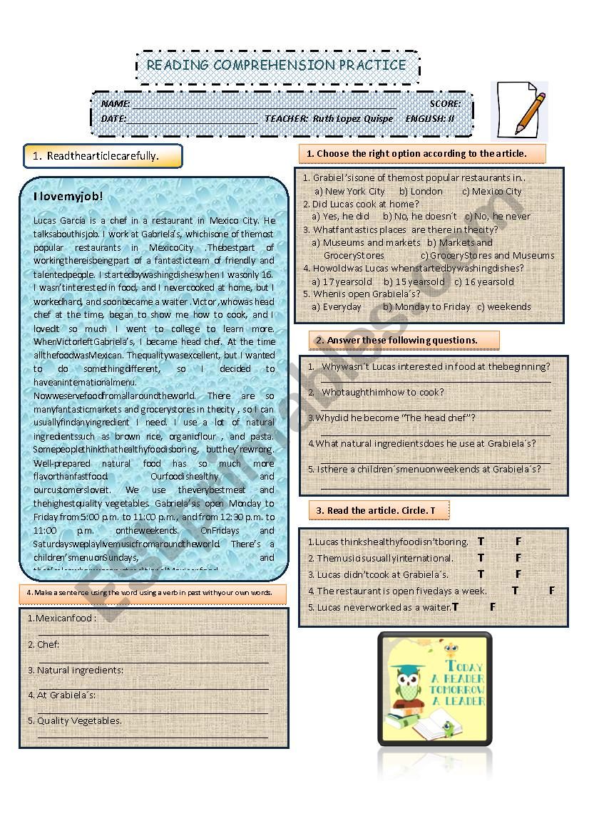 Reading comprehension Quiz worksheet