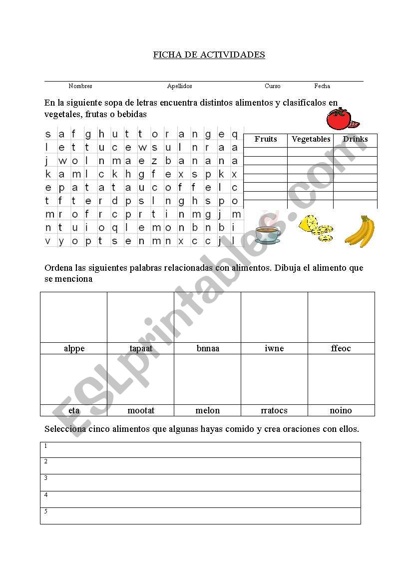 Food_fruit_vegetables_drinks worksheet