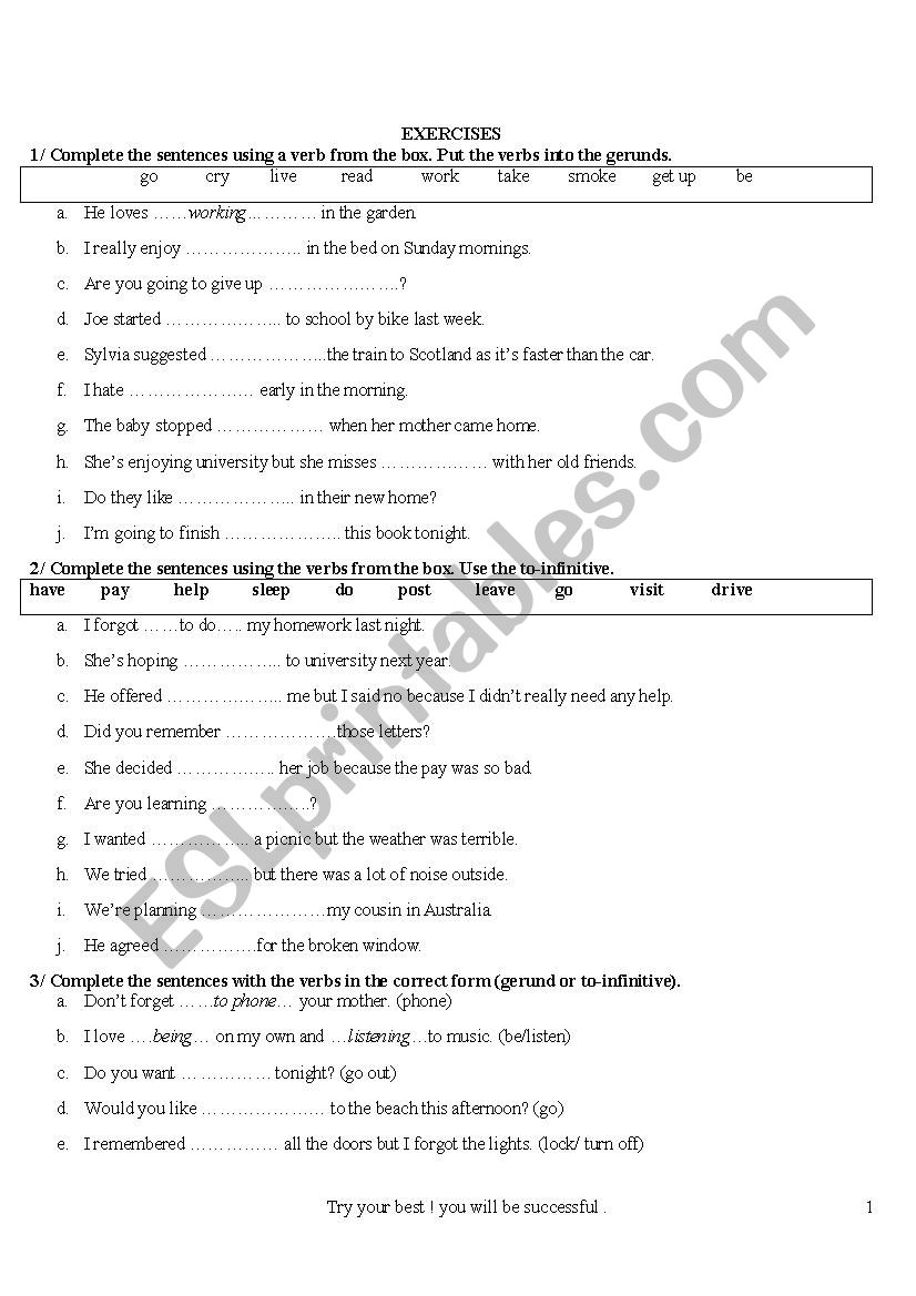 Gerund or infinitive exercises