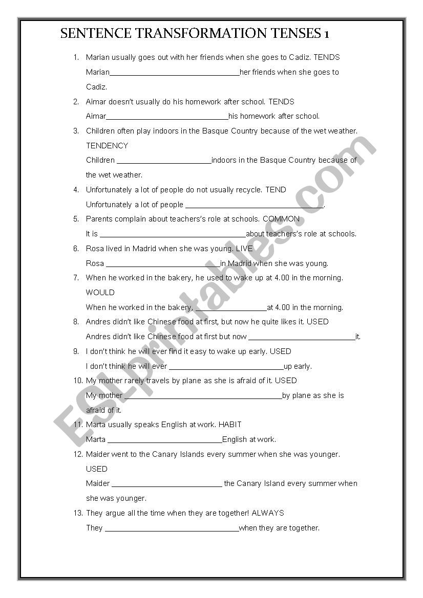 SENTENCE TRANSFORMATION TENSES 1