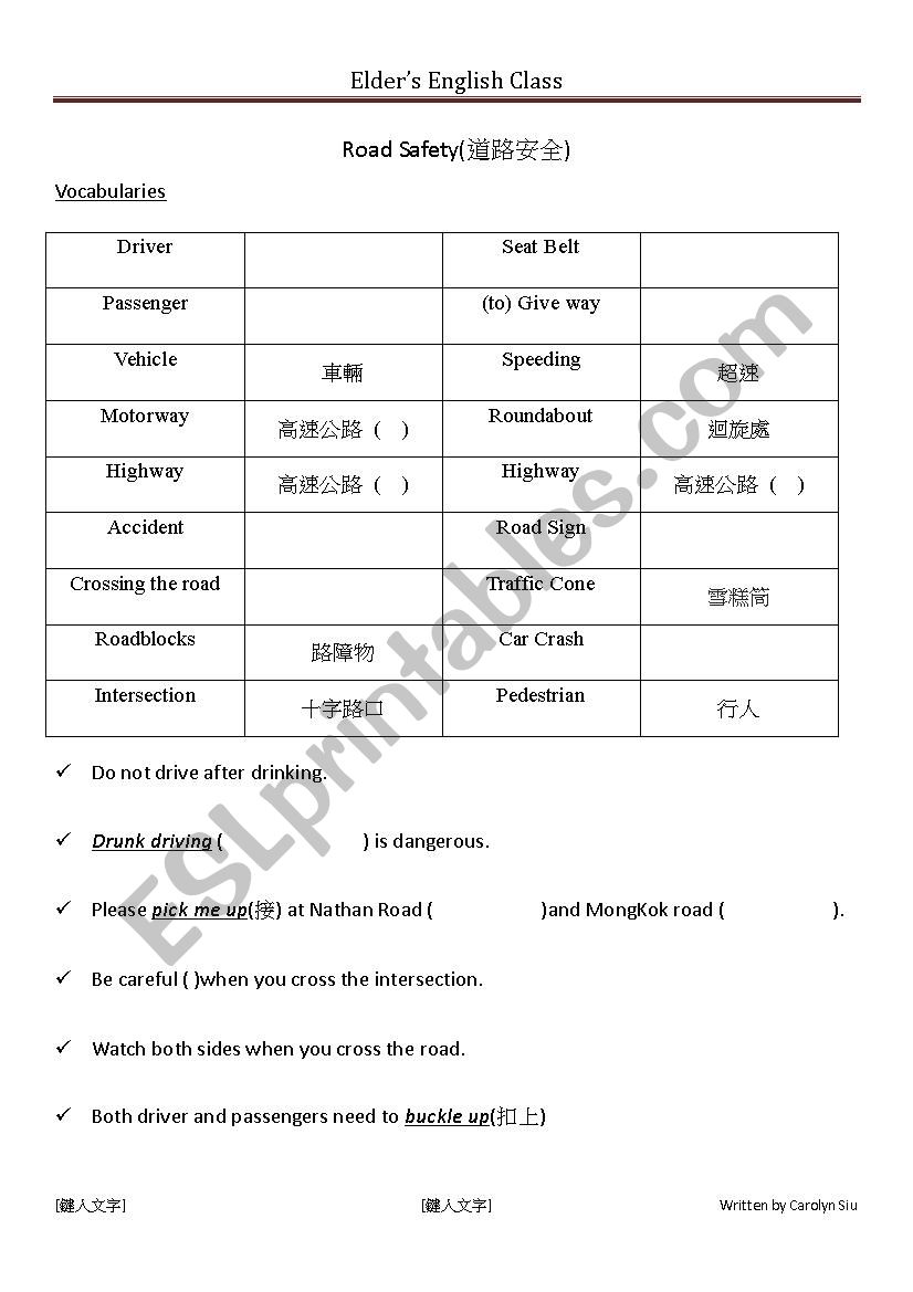 Road Safety Vocabularies and Sample sentences