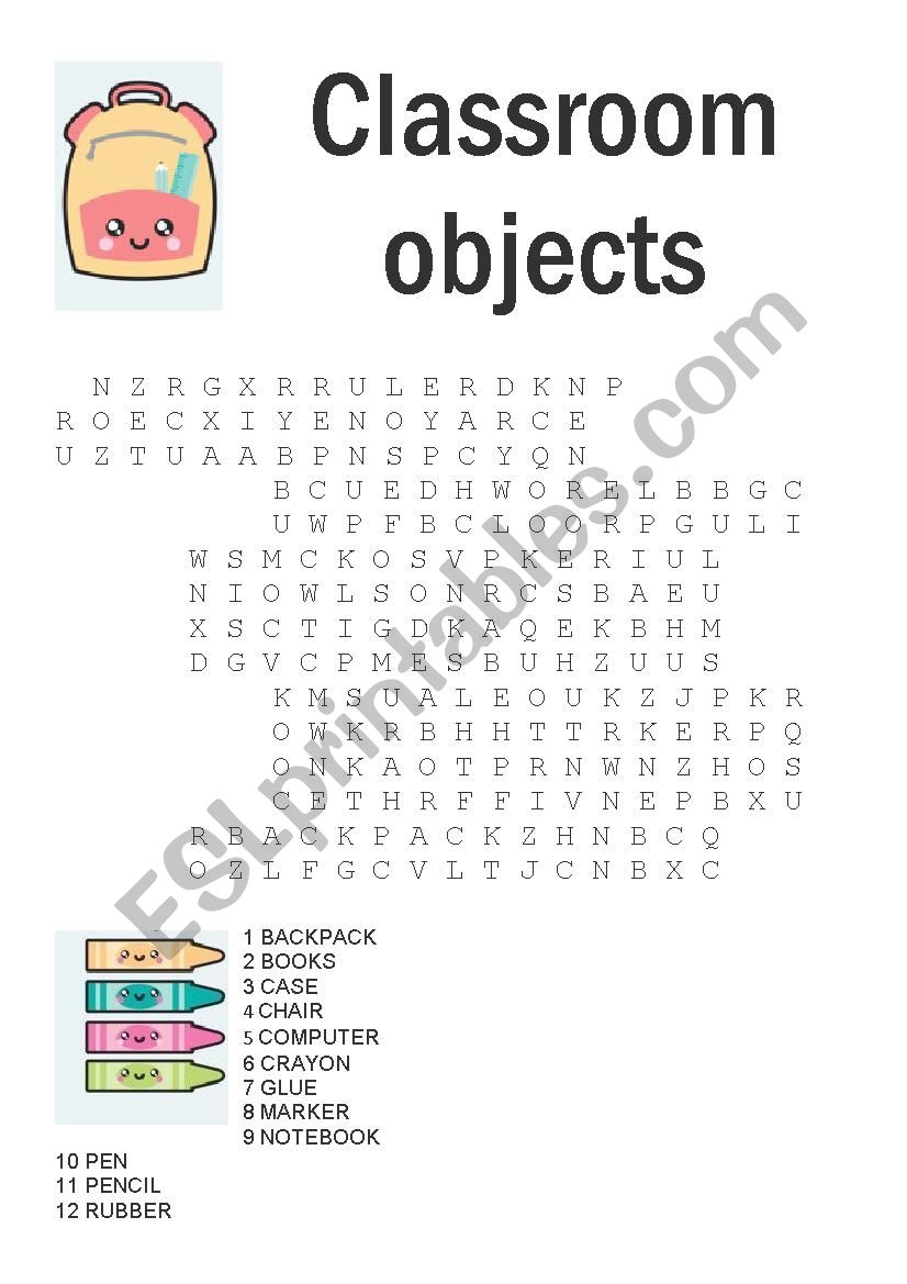classroom objects word search worksheet