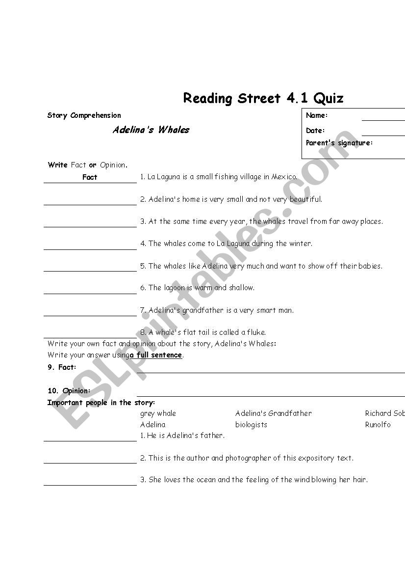 Reading Street Adelinas Whales Review Sheet