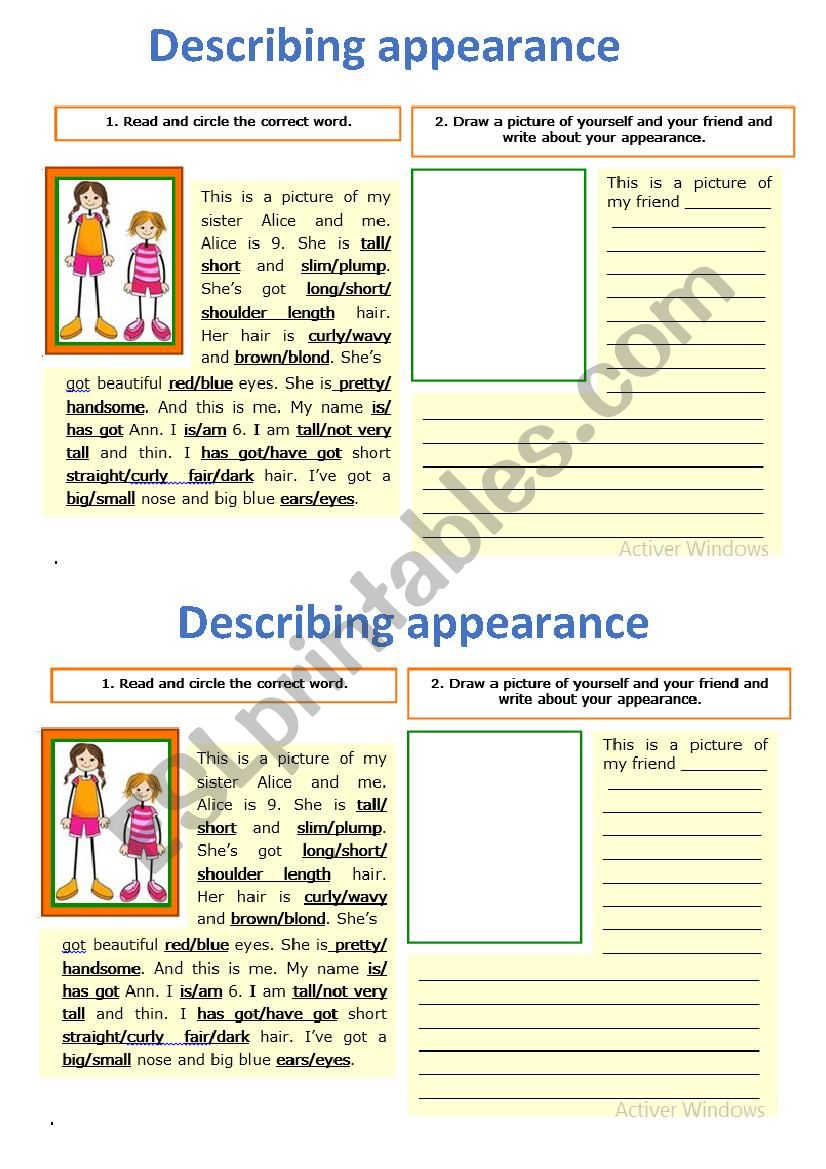 Describing Appearance Worksheet