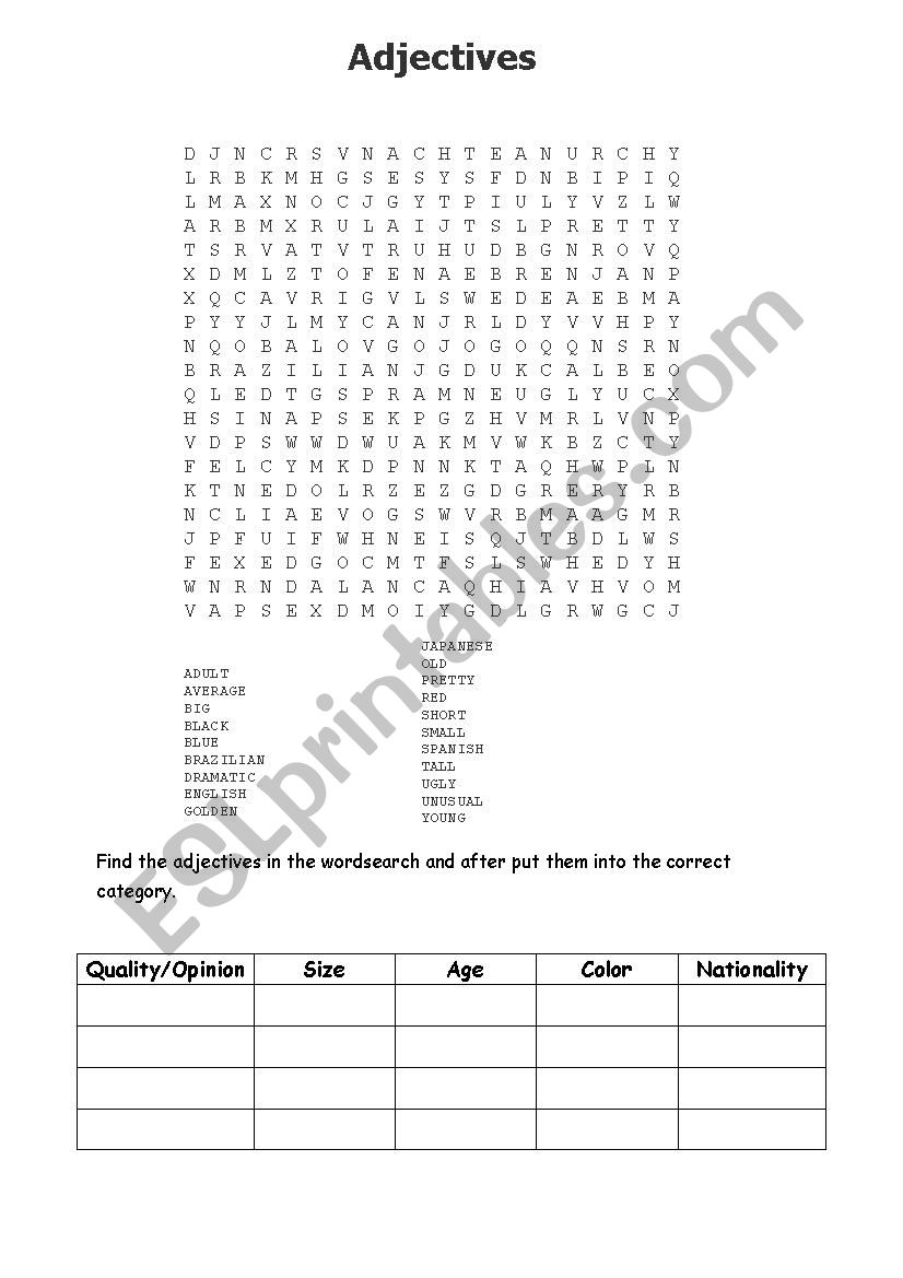 Ajectives worksheet