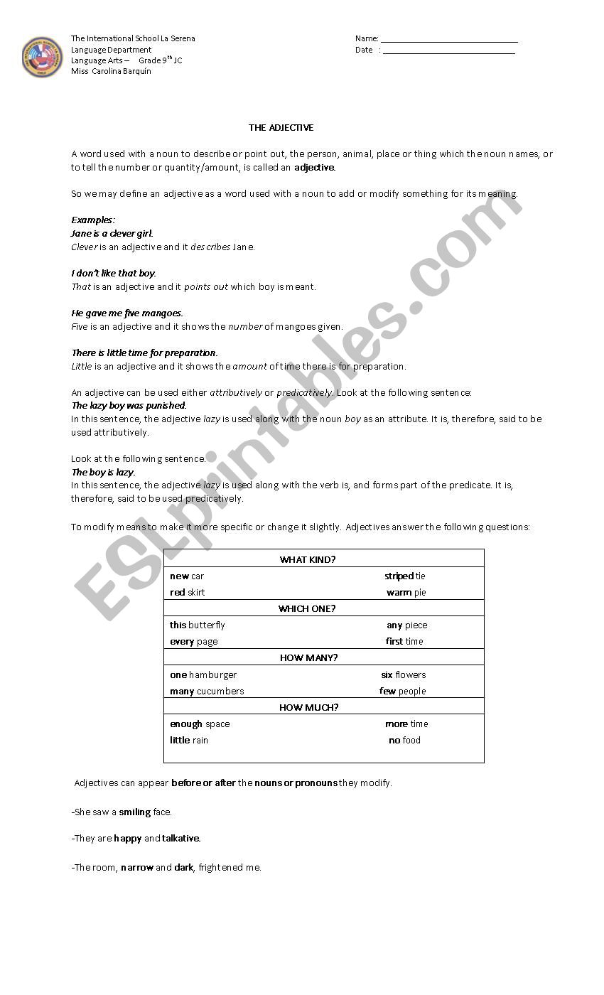 The Adjective worksheet