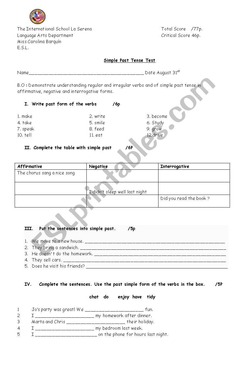 Simple past tense test worksheet