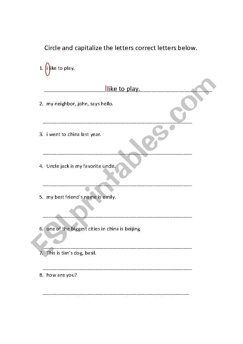 Capitalization Worksheet worksheet