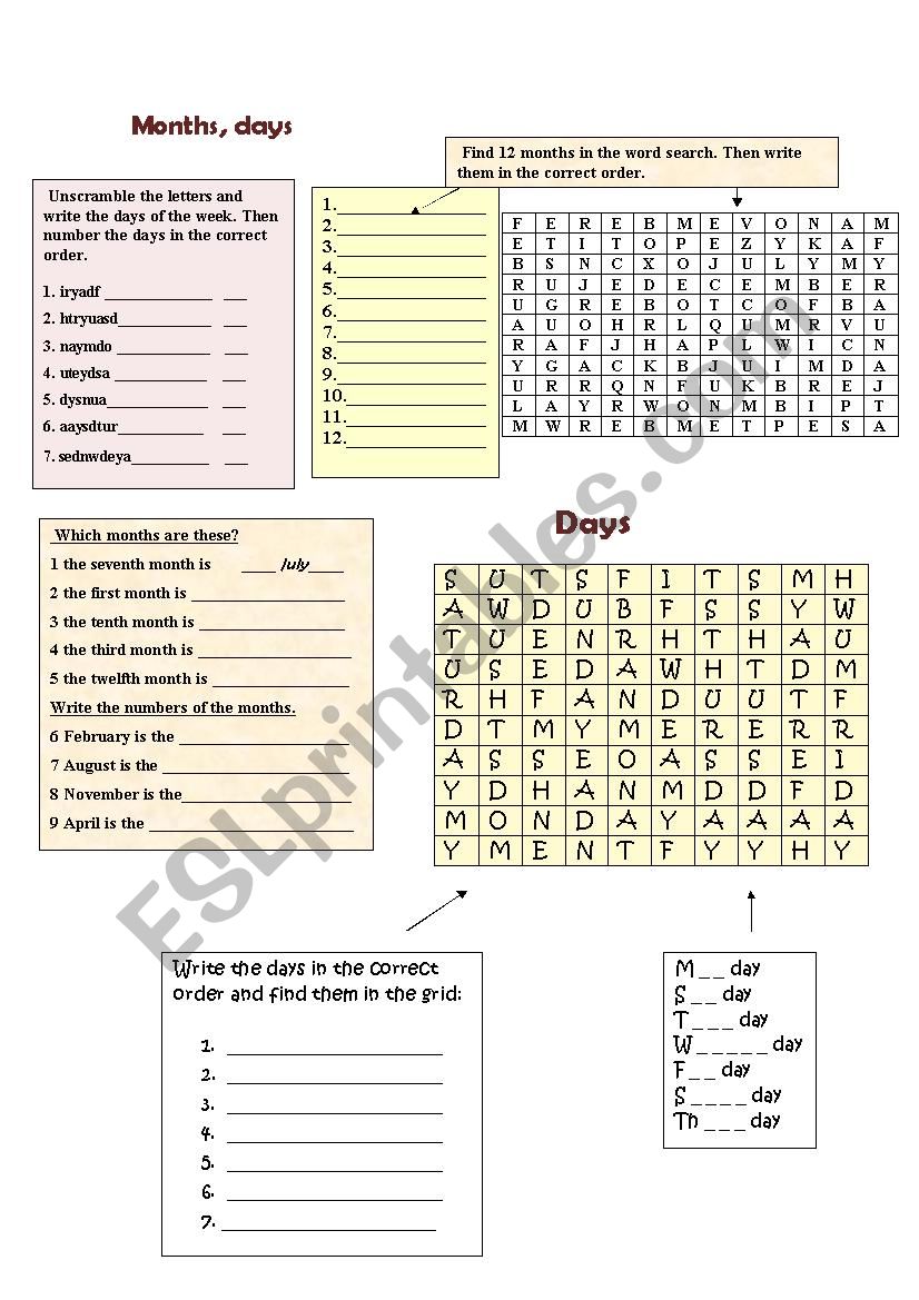 Months, days worksheet