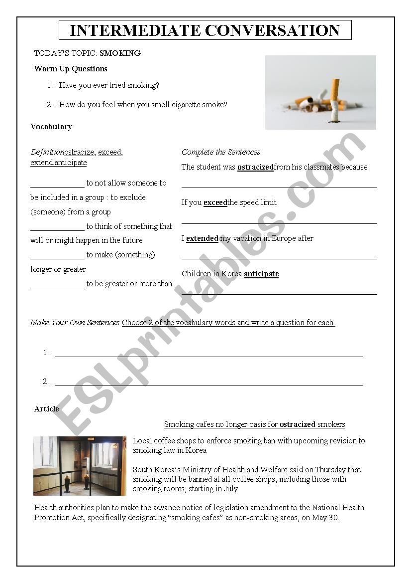 Conversation - Smoking Bans worksheet