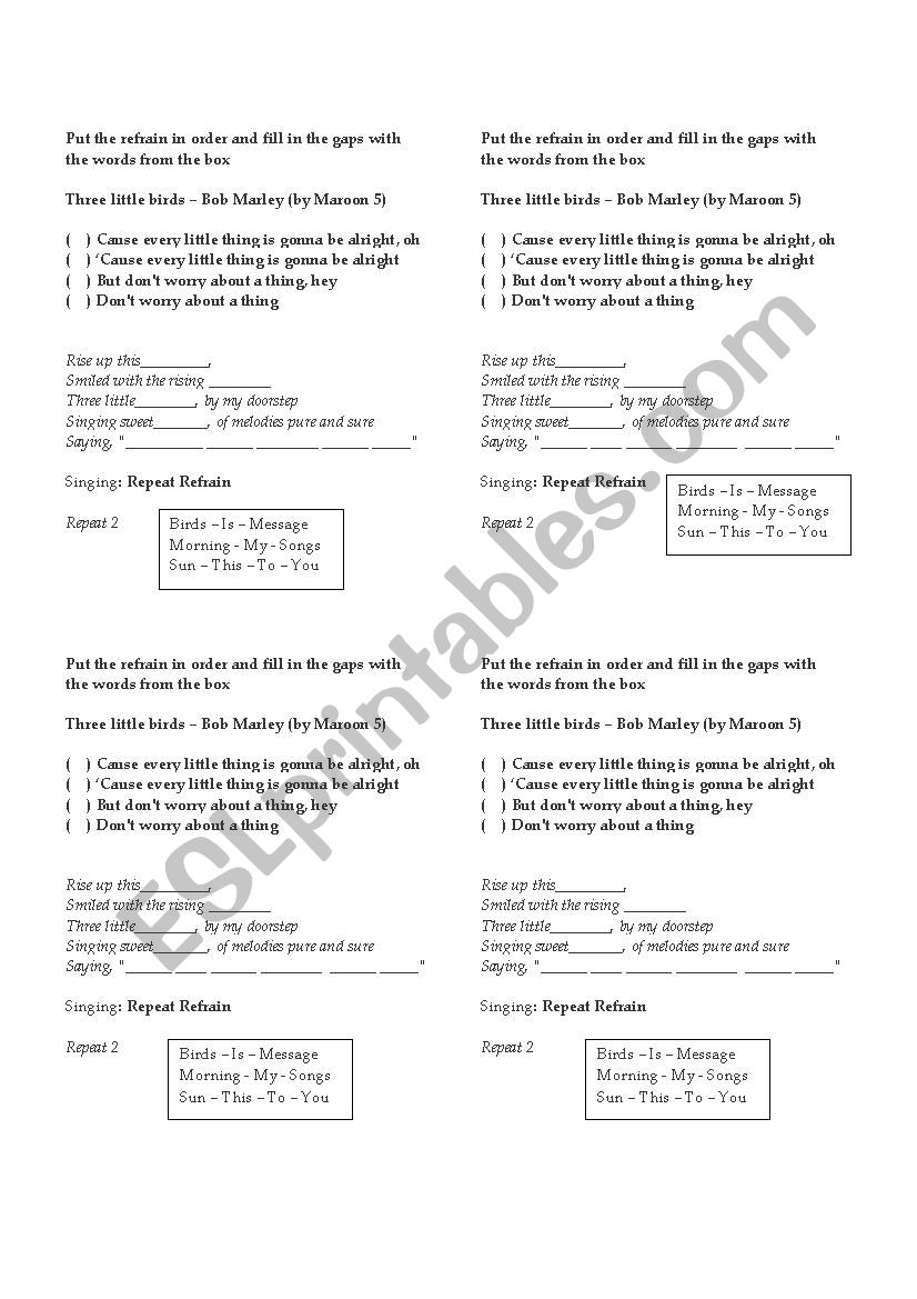 Three Little Birds worksheet