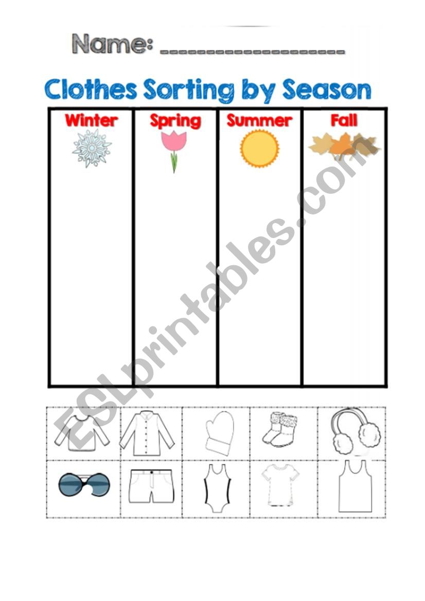 Clothes sorting by seasons worksheet