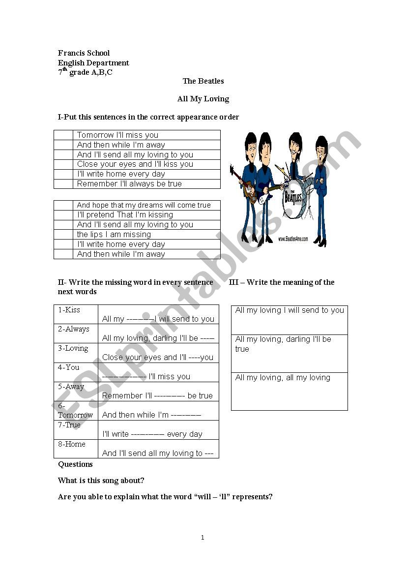 Future in songs worksheet