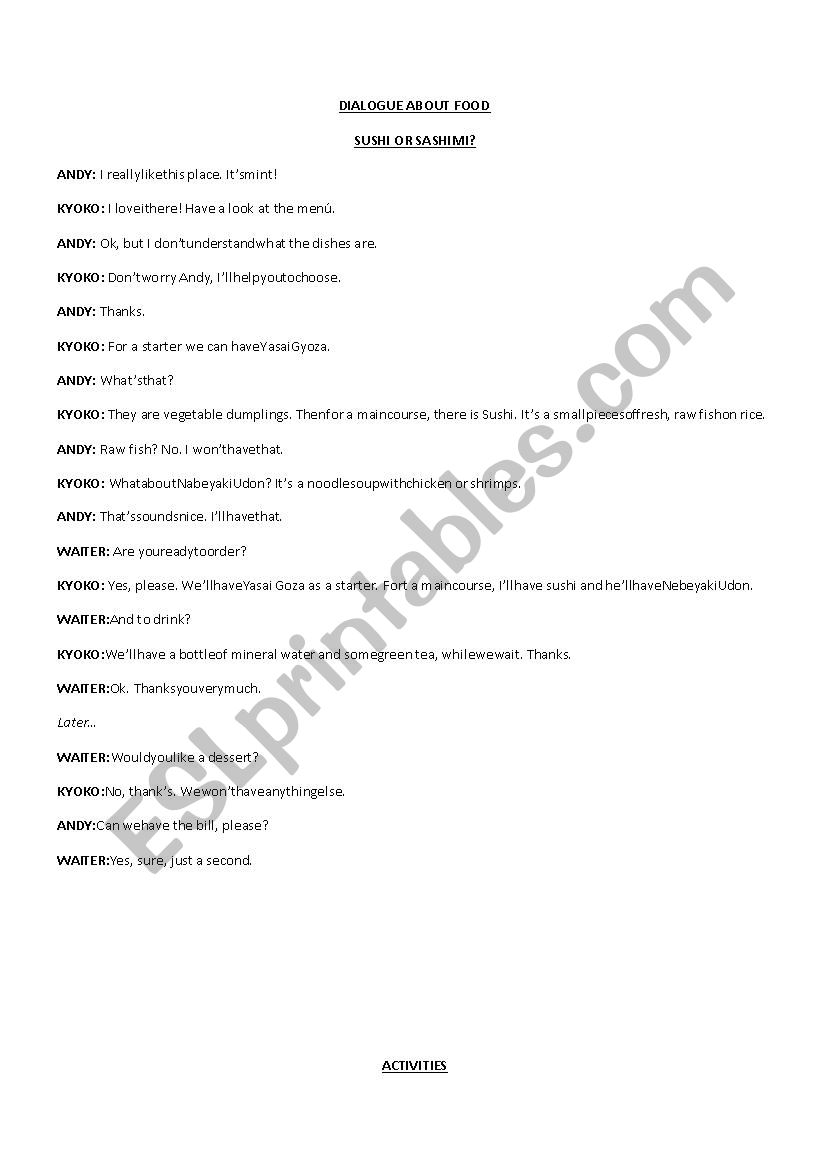 Dialogue about food worksheet