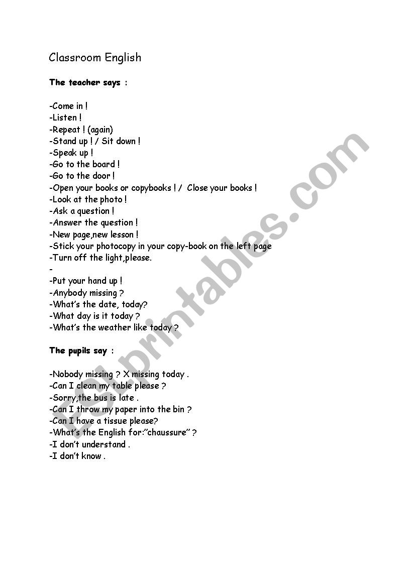 Classroom English worksheet