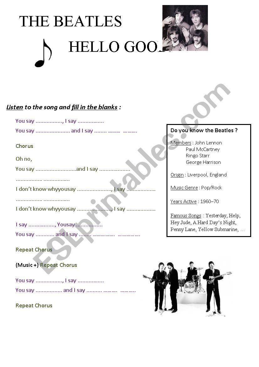 Hello Goodbye The Beatles worksheet