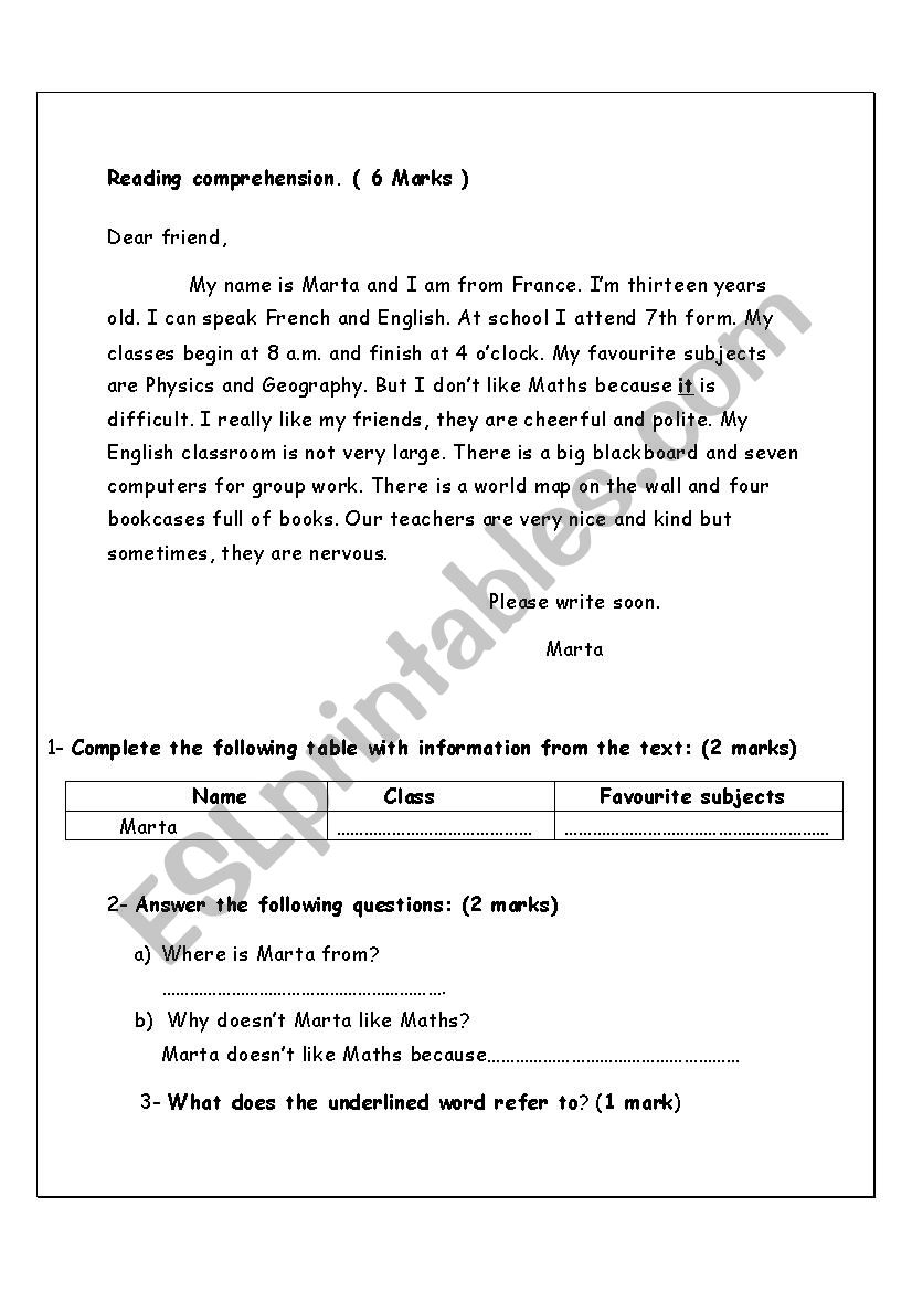 7th end of semester 2 test  worksheet