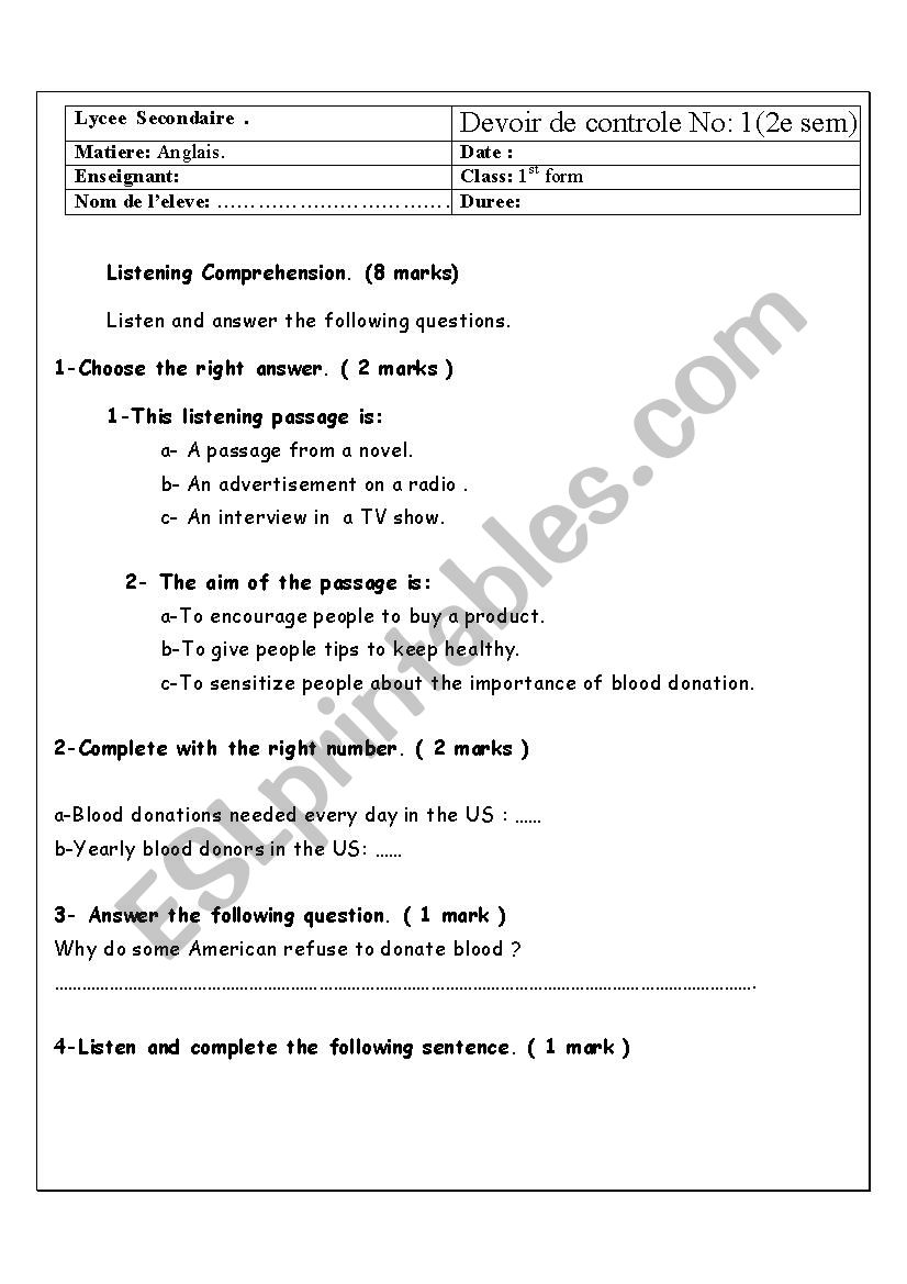 1st year test worksheet