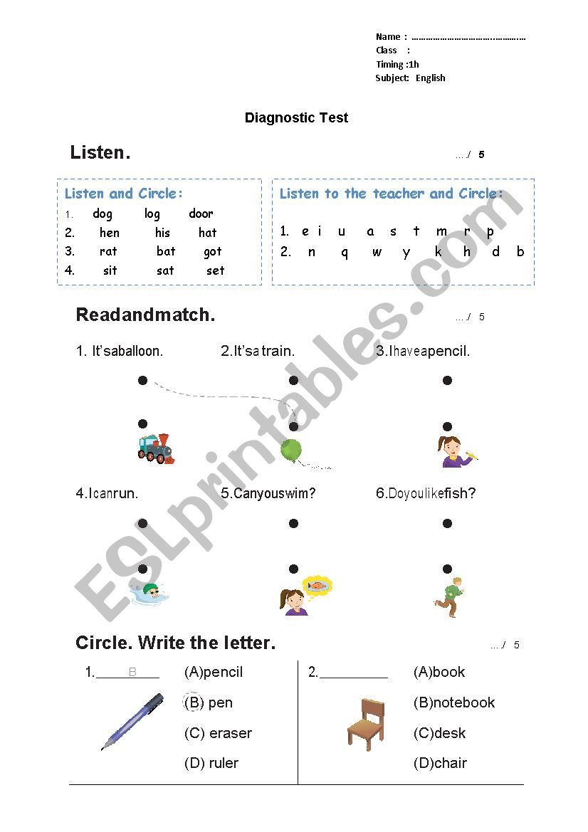 Diagnostic test worksheet