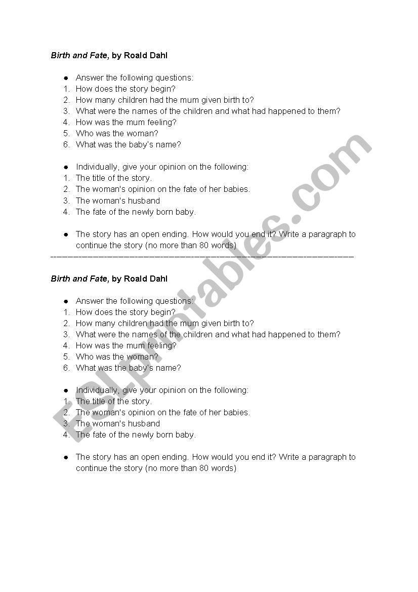 Birth and Fate, by Roald Dahl worksheet