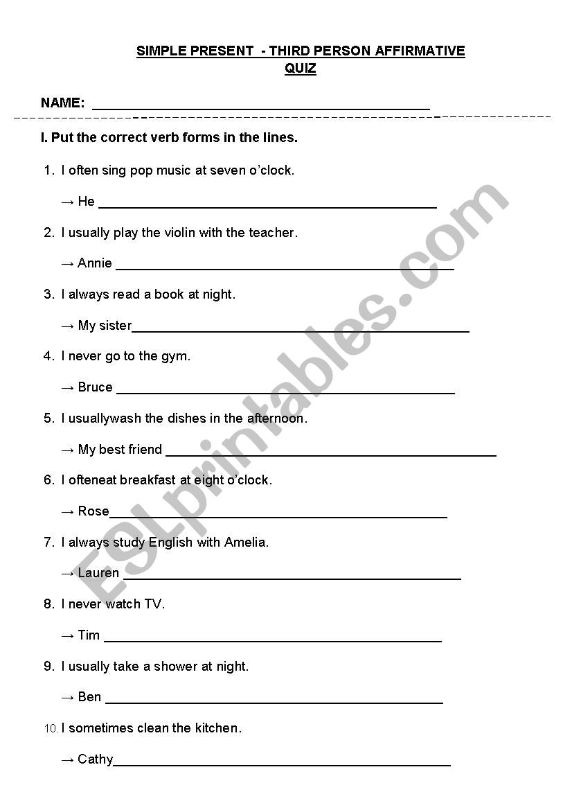 SIMPLE PRESENT  - THIRD PERSON AFFIRMATIVE QUIZ