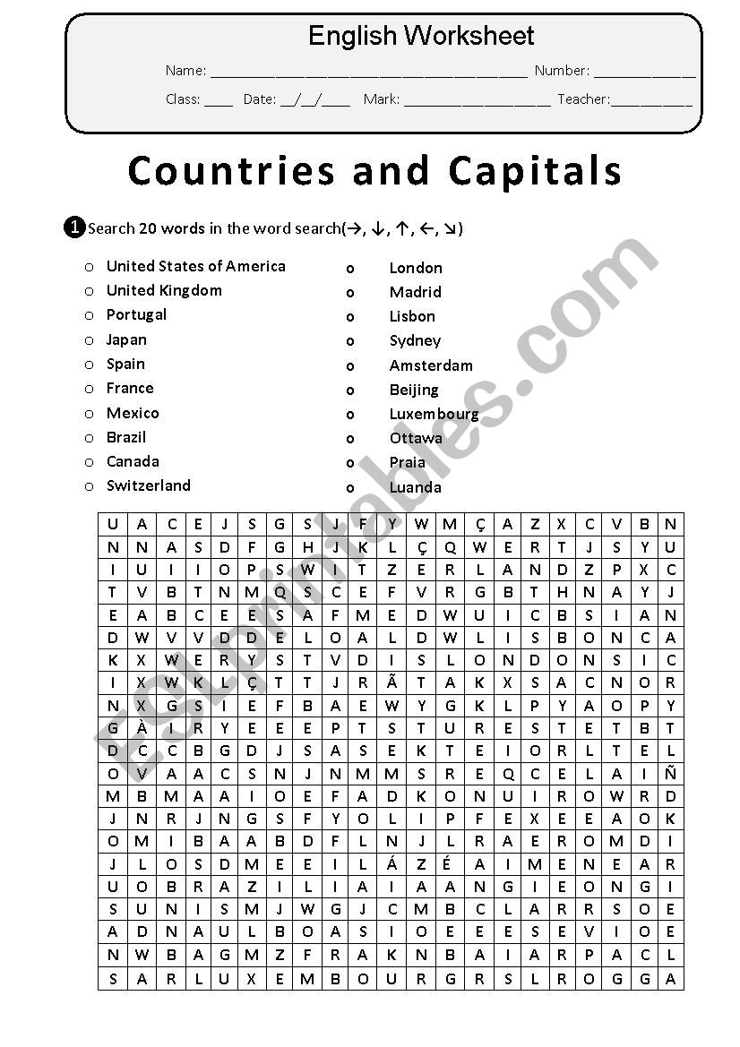 Countries and Capitals worksheet