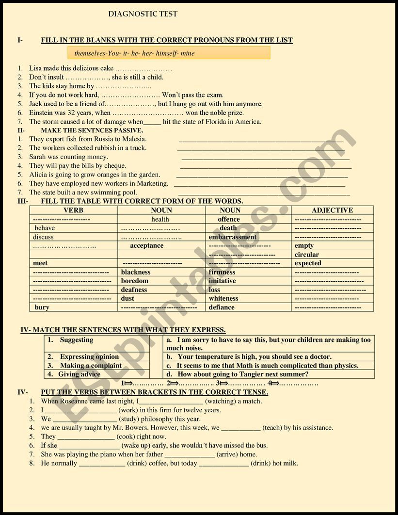 DIAGNOSTIC TEST worksheet