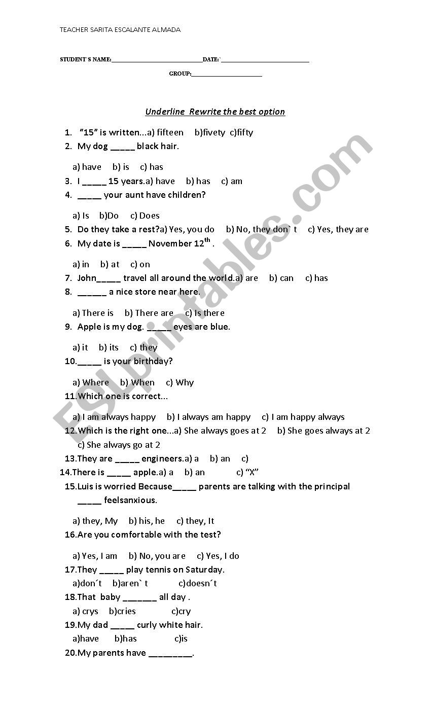 diagnostic test ENGLISH I worksheet