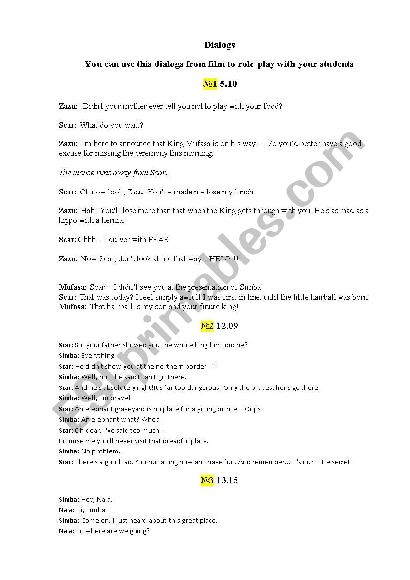 The lion king dialogs worksheet