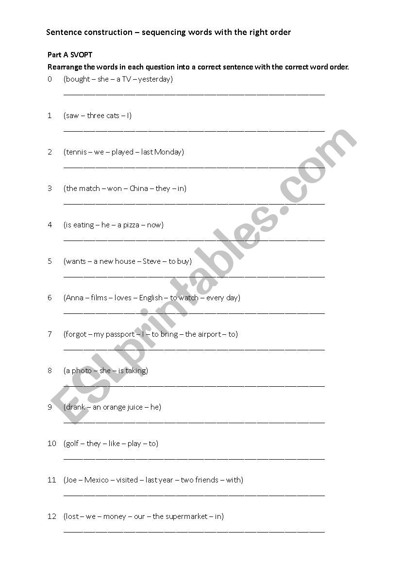 Sentence Construction worksheet