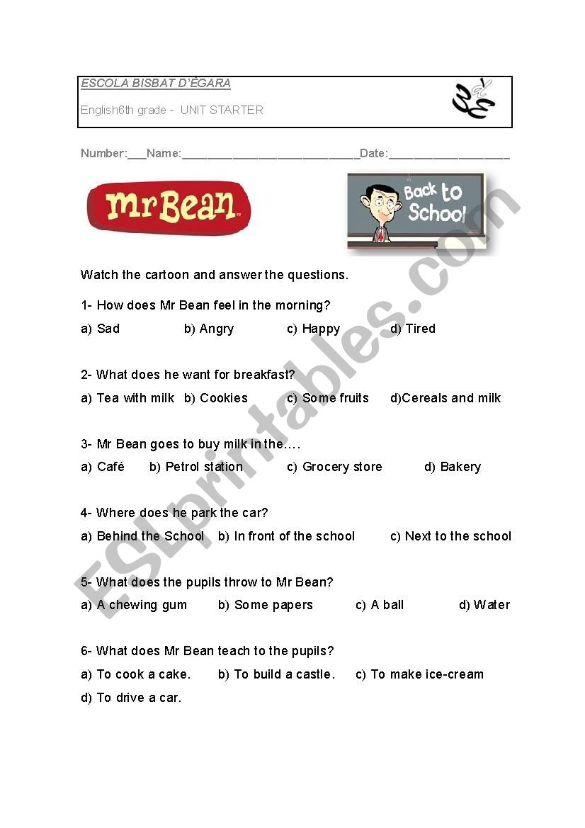 Mr Bean Back to School activity