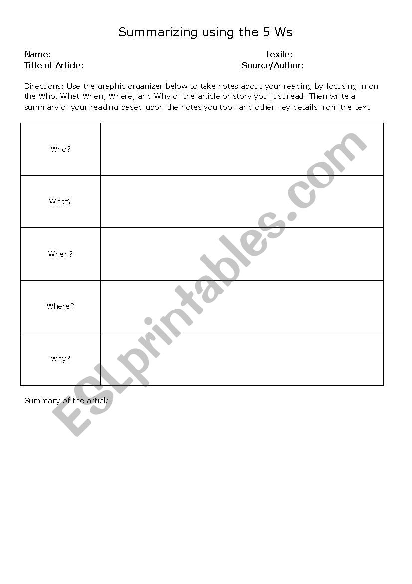 Summarizing Using the 5Ws worksheet