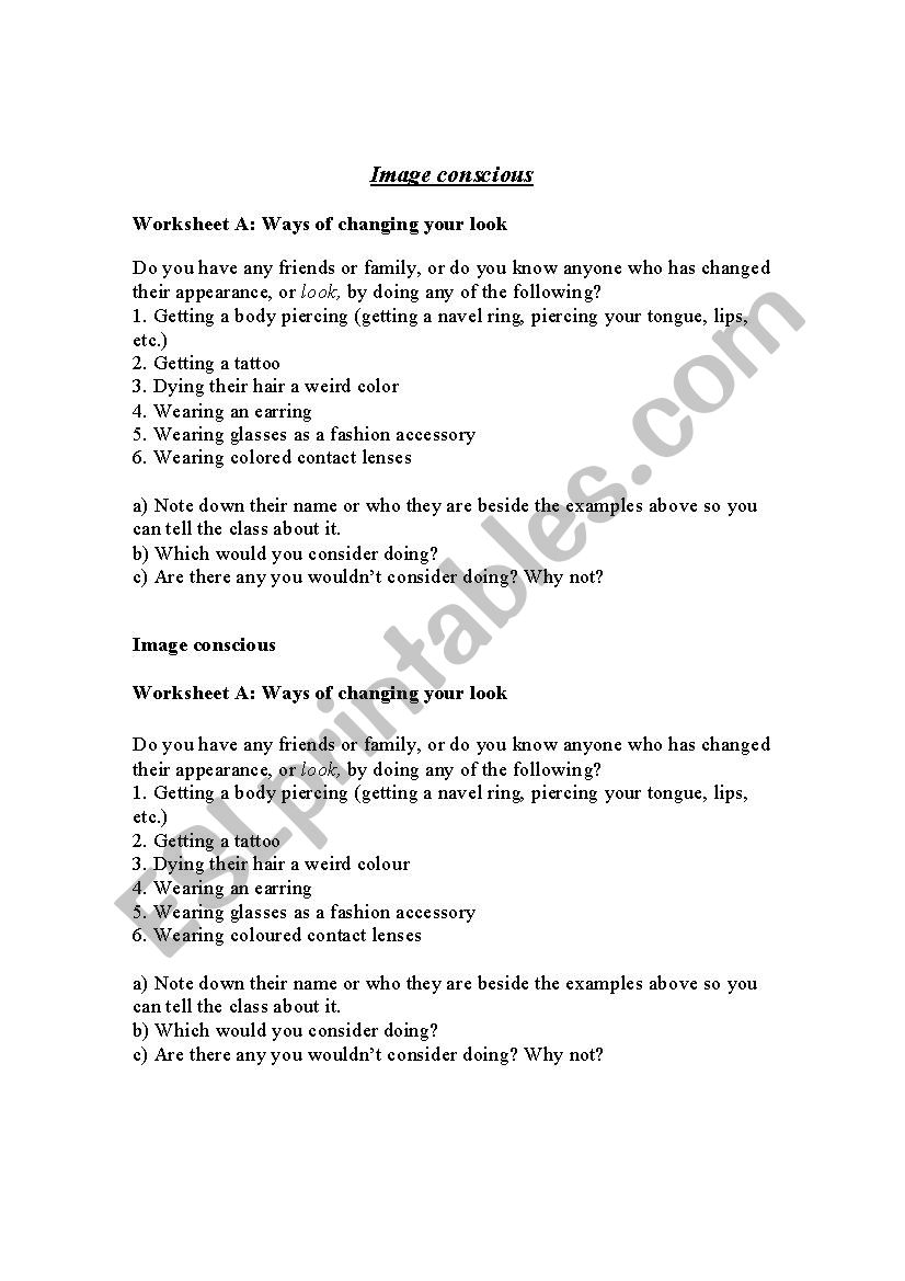 IMAGE CONSCIOUS worksheet