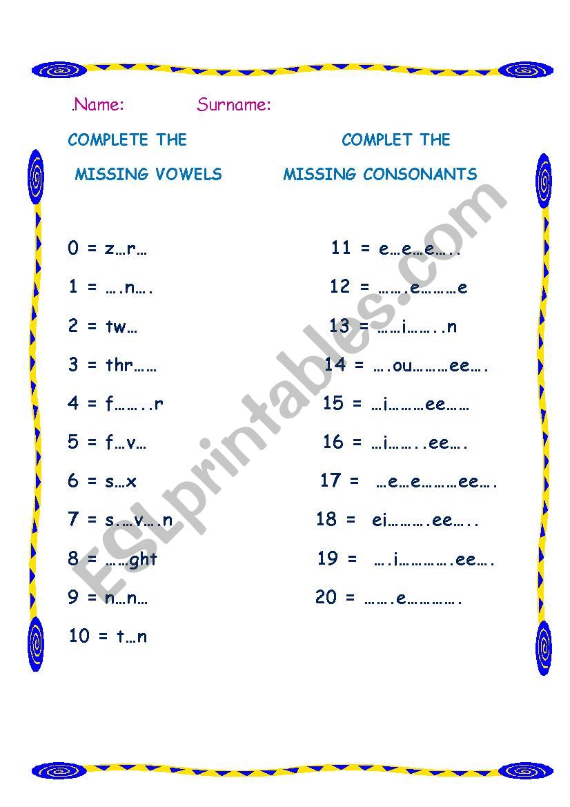 NUMVERS WITH VOWELS AND CONSONANTS
