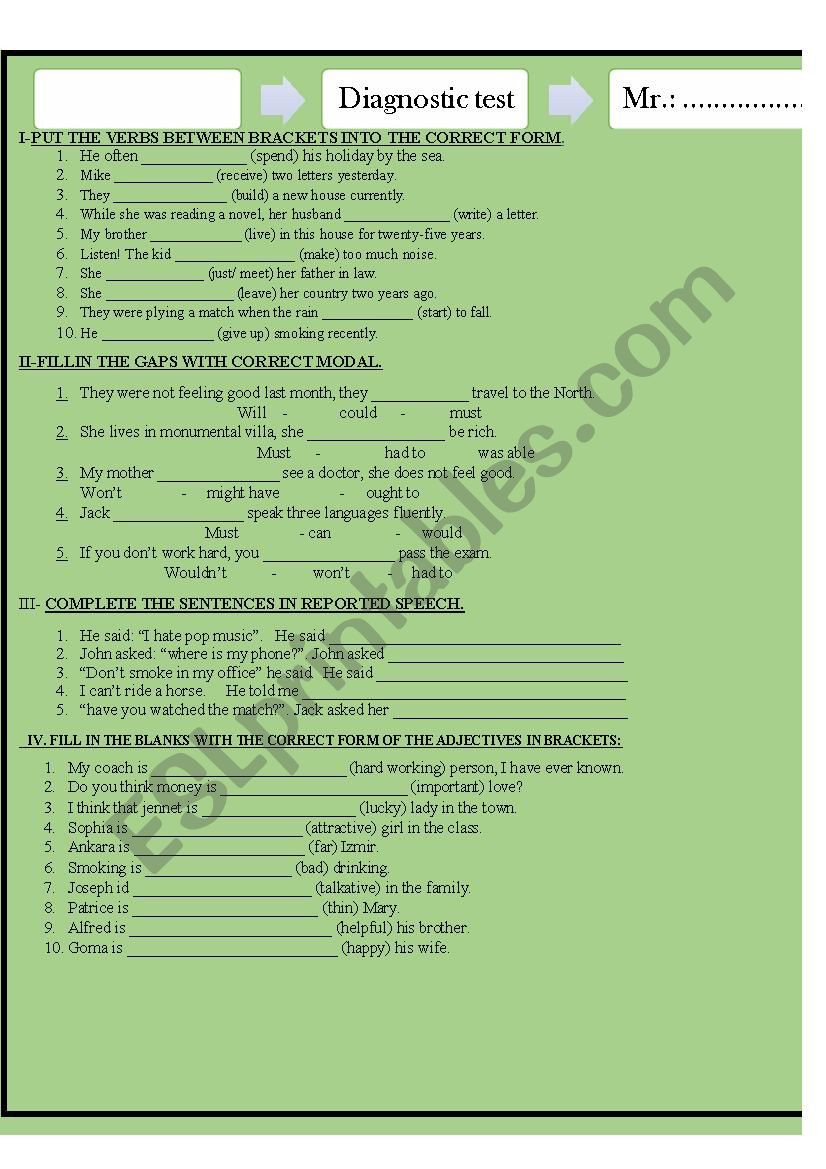 DIAGNOSTIC TEST worksheet