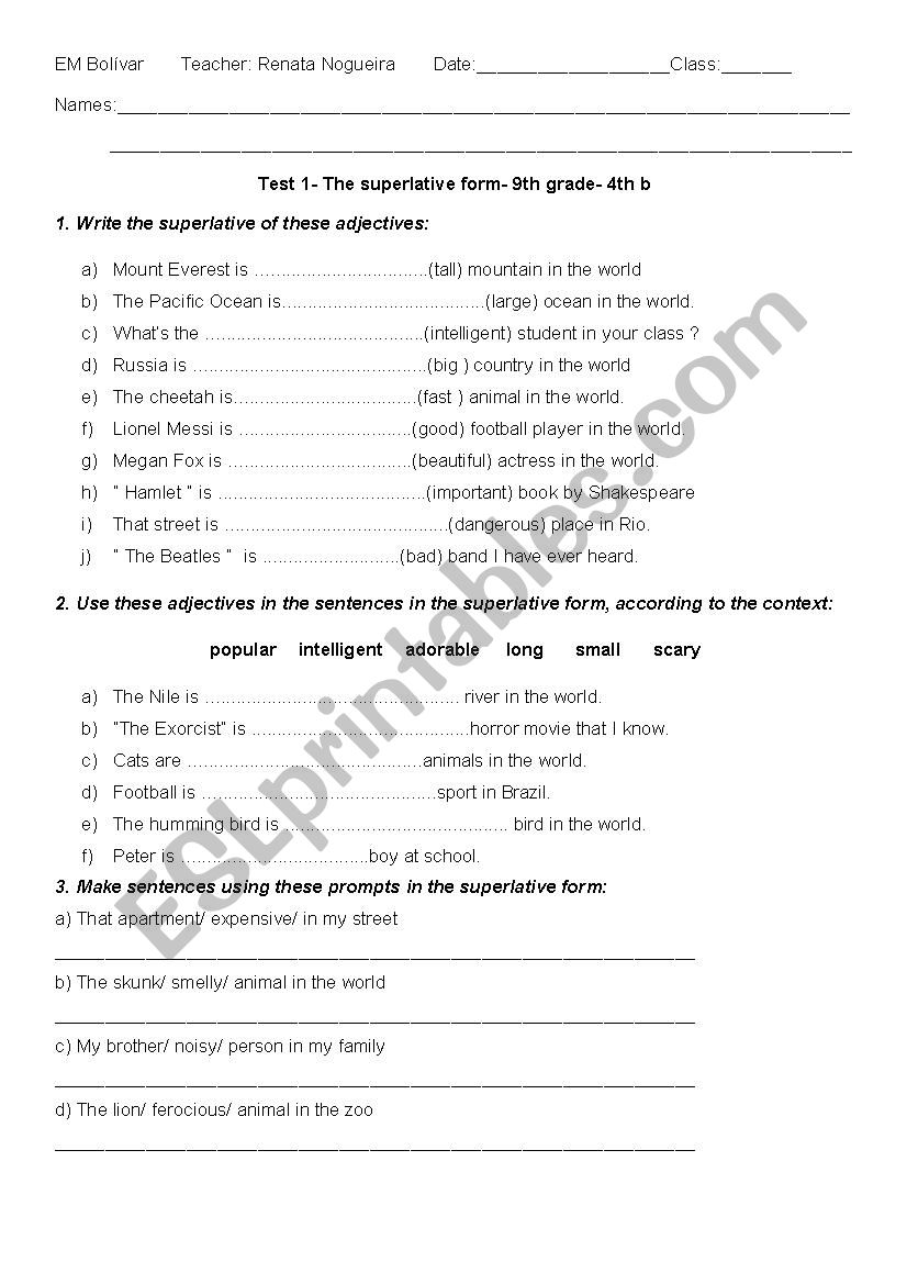 The Superlative form exercise worksheet