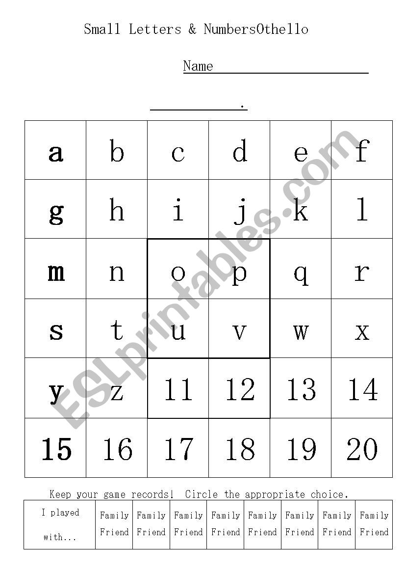 Othello: small letters and numbers(11-20)