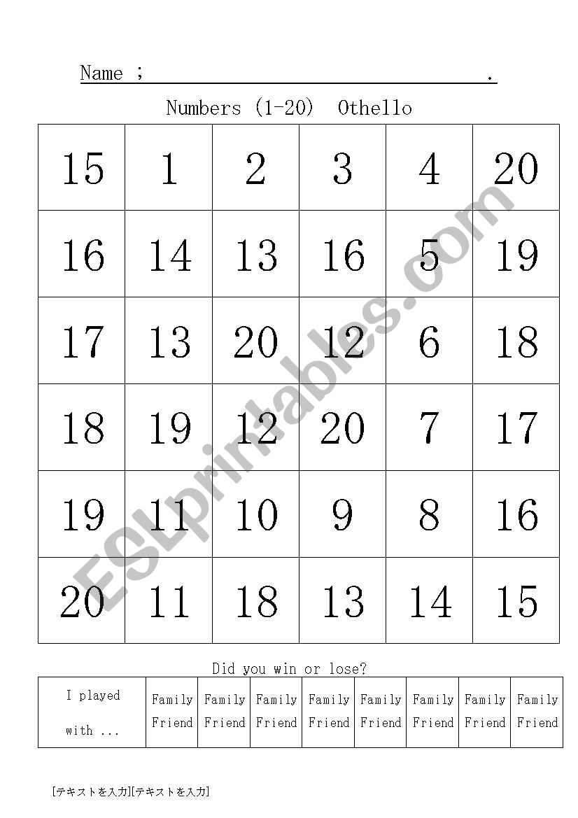 Othello: numbers (1-20) worksheet