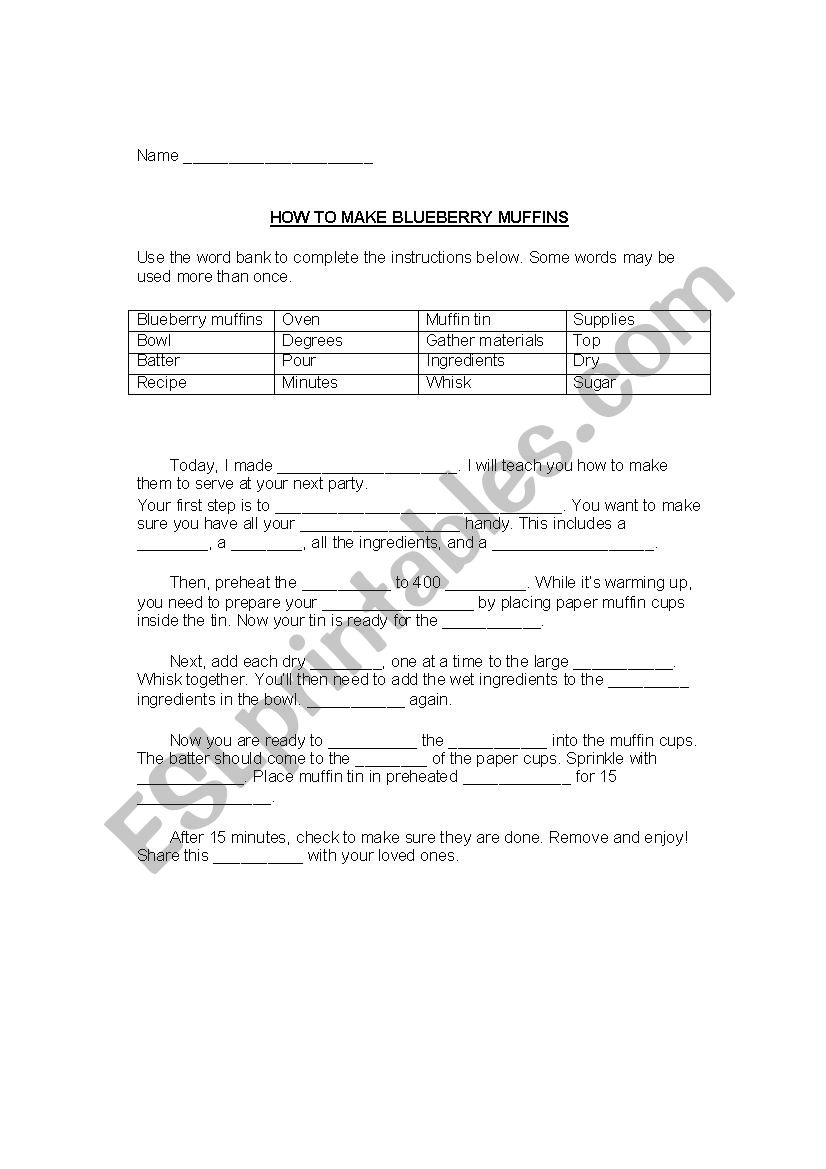 How To Make Blueberry Muffins worksheet
