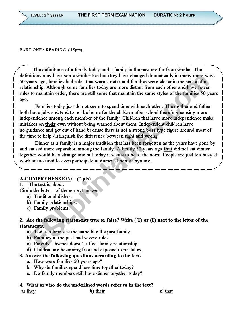 family past and present exam worksheet