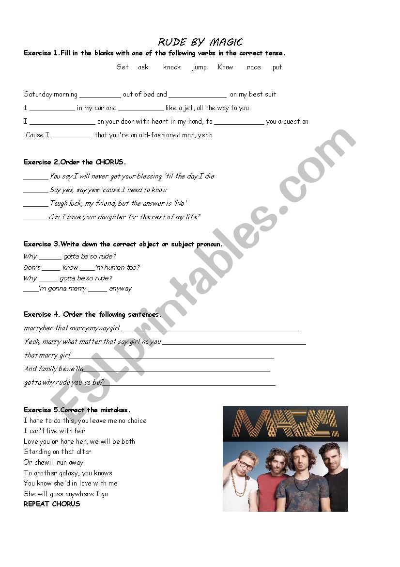 Song rude by magic worksheet