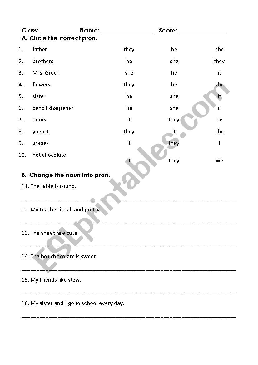 Pronoun worksheet