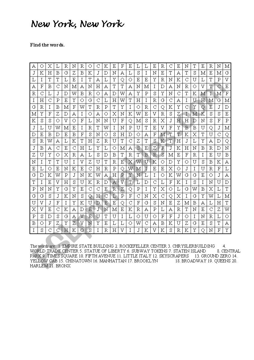 Word grid New York Sights worksheet