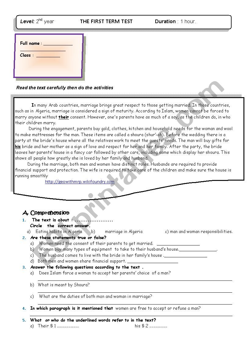 marriage  in Algeria test worksheet