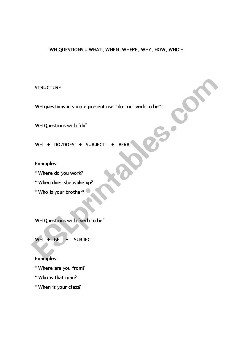 Question words worksheet