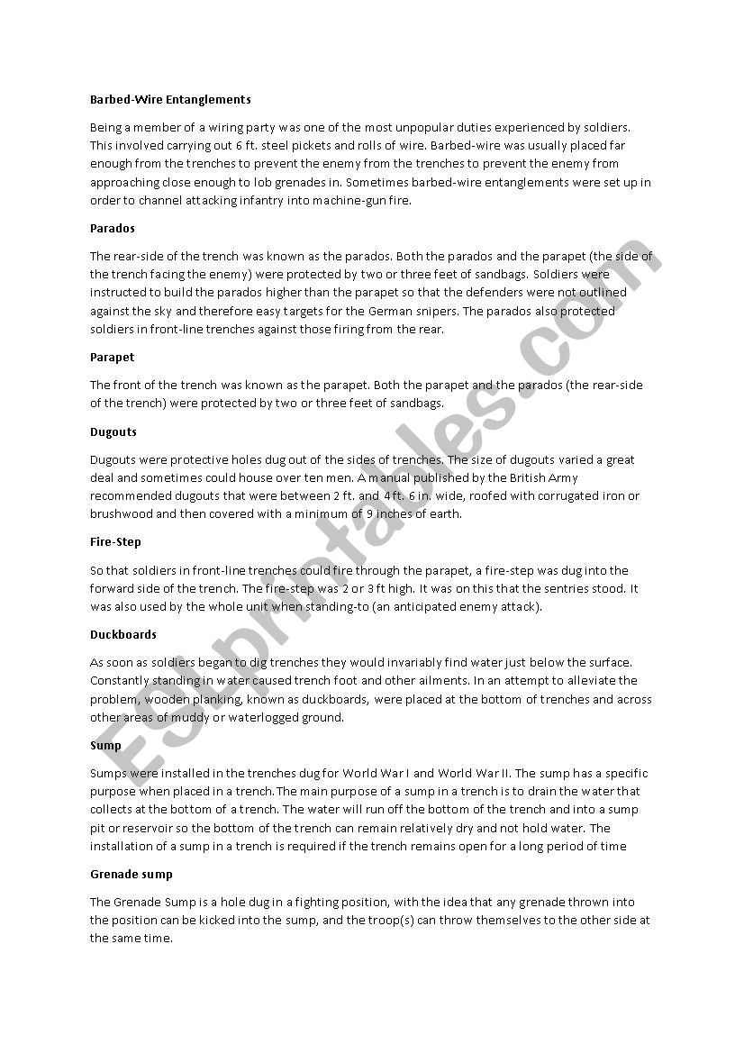 Trench Warfare worksheet