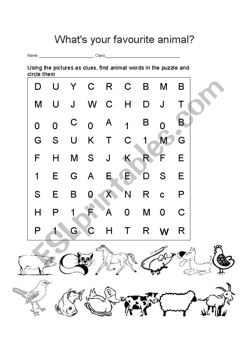 Animals word search worksheet