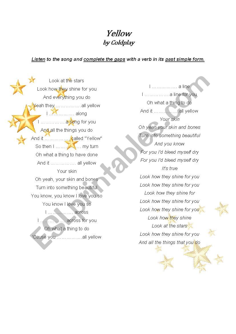 yellow by coldplay, past simple verbs