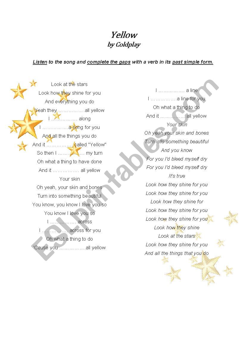 Yellow By Coldplay Past Simple Verbs ESL Worksheet By Matisse84 dustin-adamson-jr-nra-2020-stir-me-up-salmagundi-club
